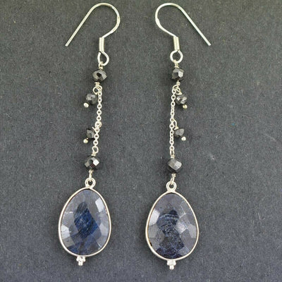 Blue Sapphire Gemstone with Black Diamond 925 Silver Dangler Earrings - ZeeDiamonds