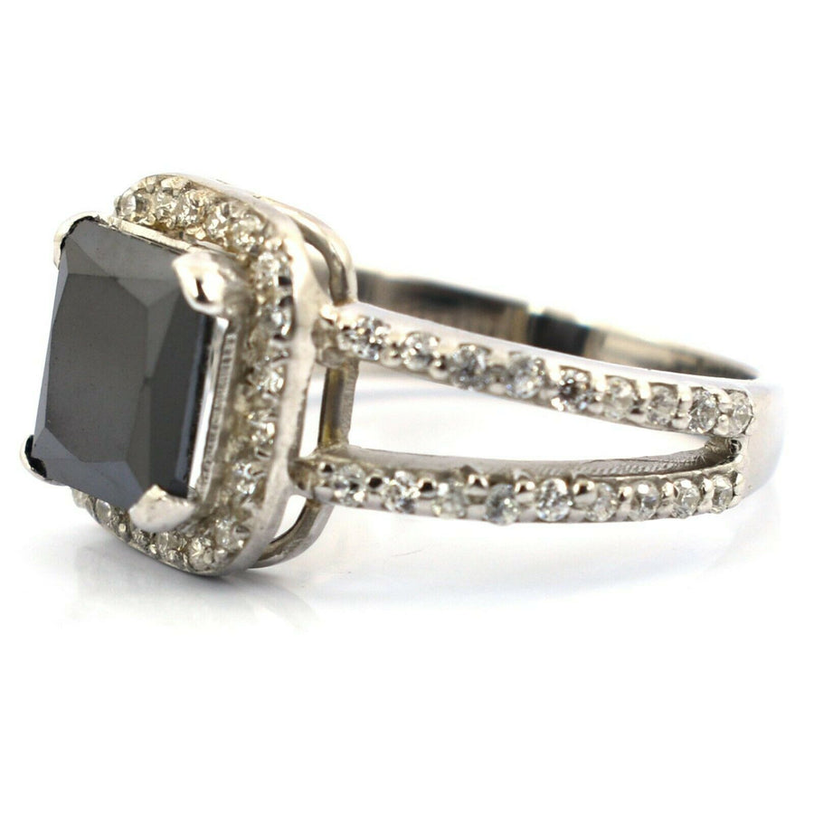 2 Cts Princess Cut Black Diamond Ring with White Diamond Accents - ZeeDiamonds