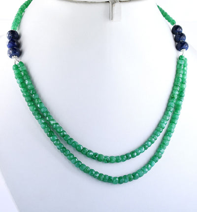 189 Cts 100% Certified Emerald Beads with Blue Sapphire Two Row Necklace, For Gift - ZeeDiamonds