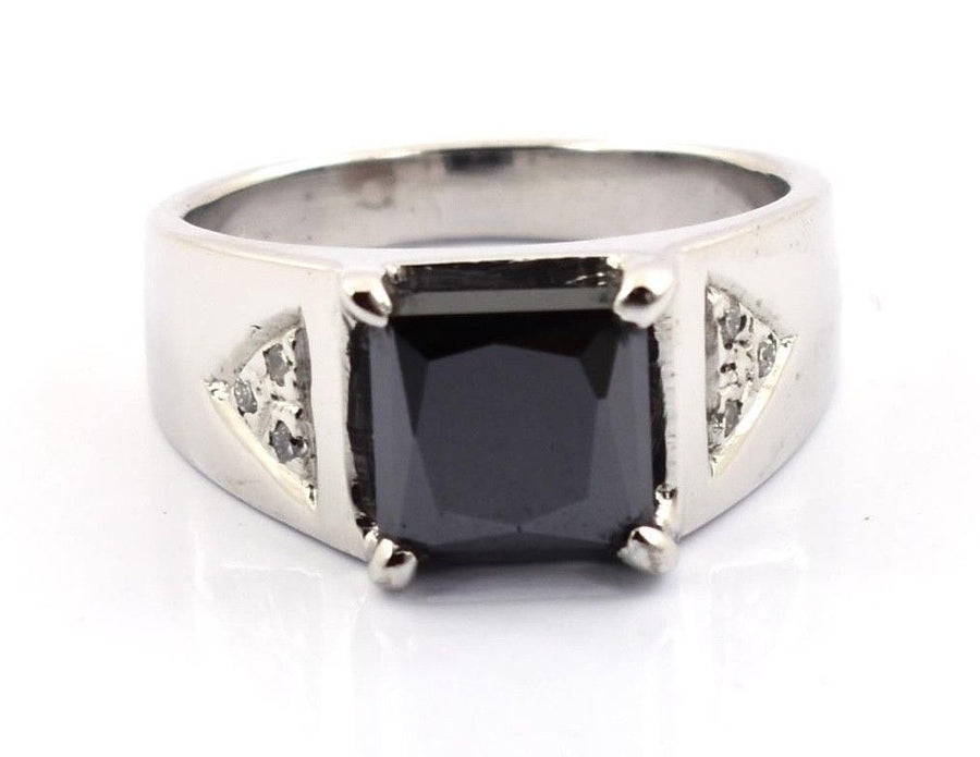 3 Cts Princess Cut Black Diamond Solitaire Ring with White Diamonds Accents - ZeeDiamonds