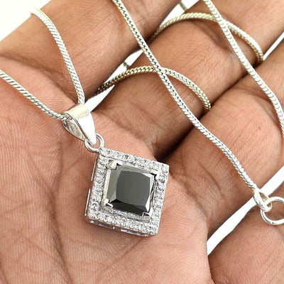 4 Ct, Princess Cut Black Diamond Pendant With White Topaz Accents - ZeeDiamonds