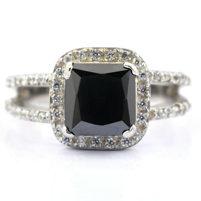 2 Cts Princess Cut Black Diamond Ring with White Diamond Accents - ZeeDiamonds