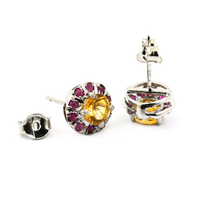 10 mm Yellow Citrine Gemstone with Ruby Accents Studs Earring In 925 Silver - ZeeDiamonds