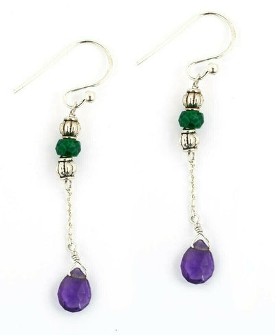 Amethyst & Emerald Gemstone Dangler Earrings In Silver - ZeeDiamonds