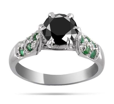 2.8 Ct Round Cut Black Diamond with Emerald Accents Solitaire Fancy Ring - ZeeDiamonds